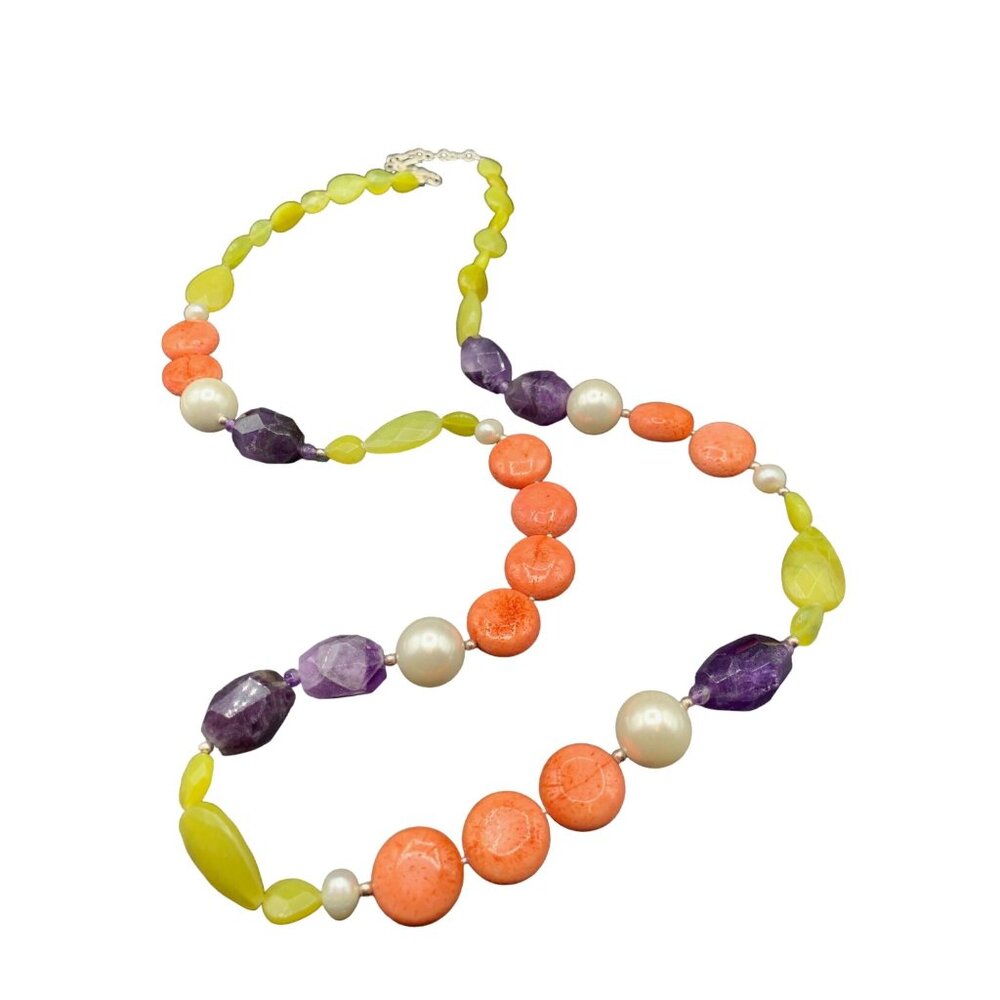 BARSE Polished Stones Necklace Coral Amethyst and Faux Pearls Sterling Clasp